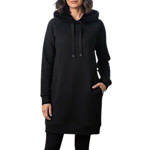 Athleta Black Long Sweater Dress with Faux Fur Lined Hoodie Women's Size S